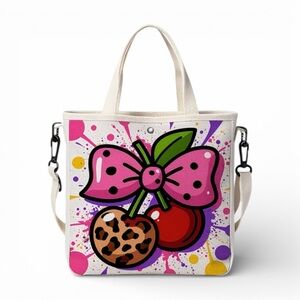 Splatter Look Colorful Tote Bag; Dotted Bow and Animal Print Cherry Design NWT